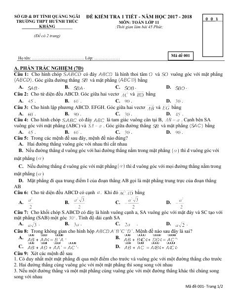Kiểm tra Hình học 11 chương 3 năm 2017 – 2018 trường Huỳnh Thúc Kháng – Quảng Ngãi (bản Word)